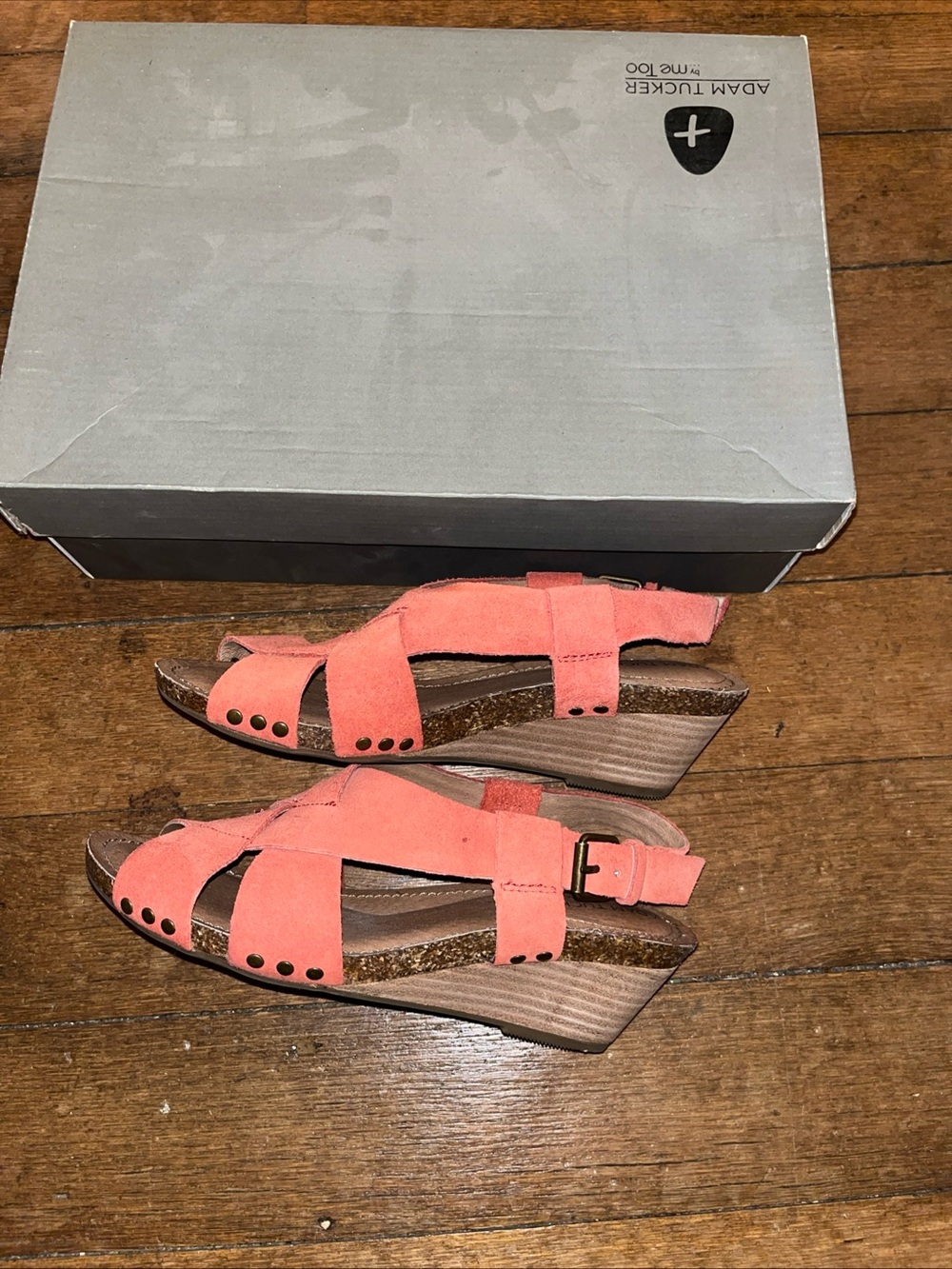 Adam Tucker by Me Too Strappy Coral Pink Cork Wedge Sandals Women's Sz 7 M